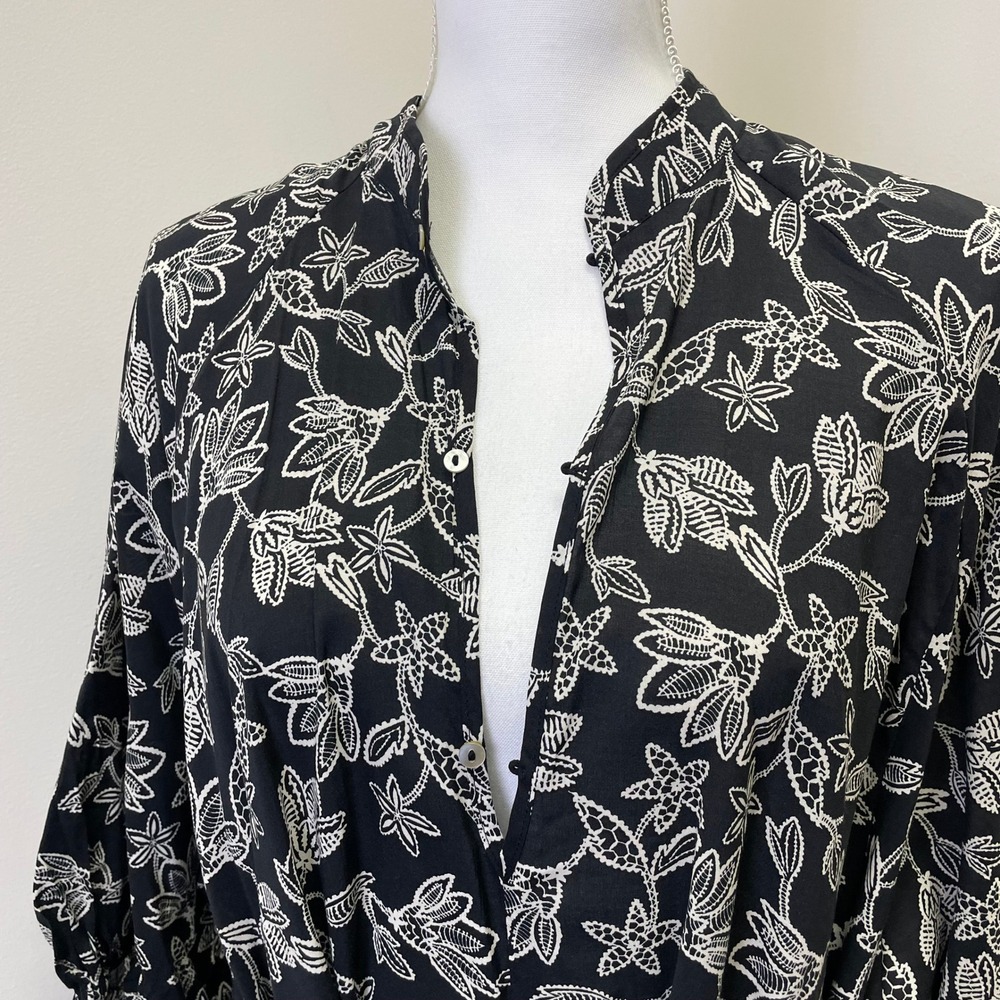 NEW HM Black White Floral Lace Print Button Front Mini Dress L Puff Sleeve - Picture 3 of 15